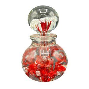 Vintage Hand Blown Kent Helms Red Flower Bubble Glass Paperweight Bottle Stopper